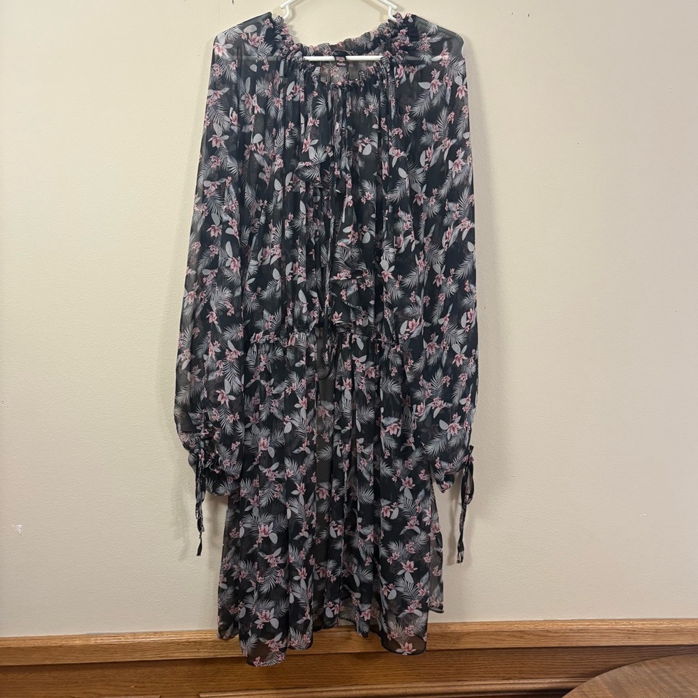 Victoria Secret Chiffon Duster Cardigan women’s M/L black pink floral sheer cl